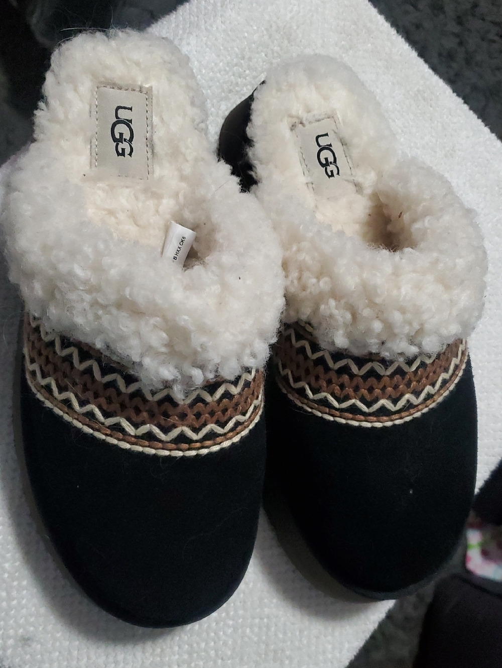 UGG Black Suede Slip-On Slippers with Cream Shearling Trim